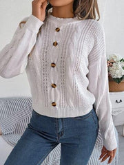 Cable-Knit Buttoned Round Neck Sweater - Trendsi