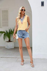 Contrast Eyelet V-Neck Tank - Trendsi - Flyclothing LLC