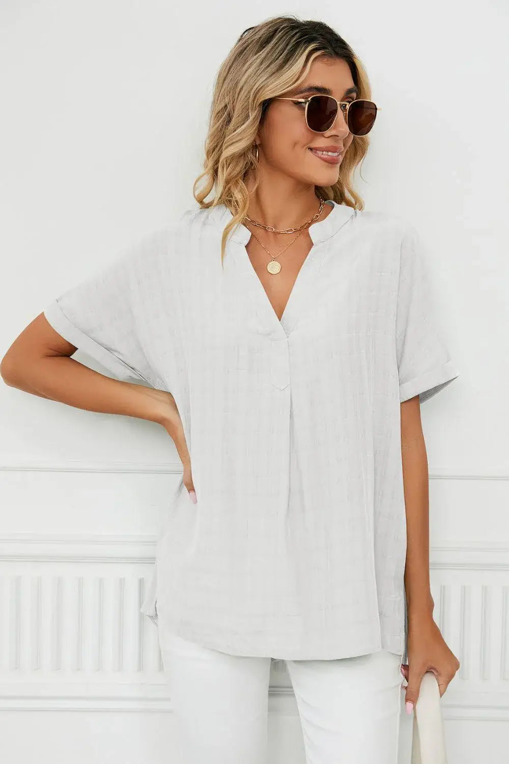 Side Slit Notched Neck Cuffed Short Sleeve Blouse - Trendsi - Flyclothing LLC