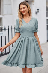 Swiss Dot Frill Trim Flounce Sleeve V-Neck Dress - Trendsi - Flyclothing LLC