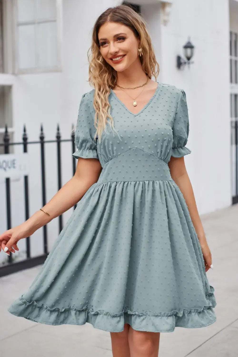 Swiss Dot Frill Trim Flounce Sleeve V-Neck Dress - Trendsi - Flyclothing LLC