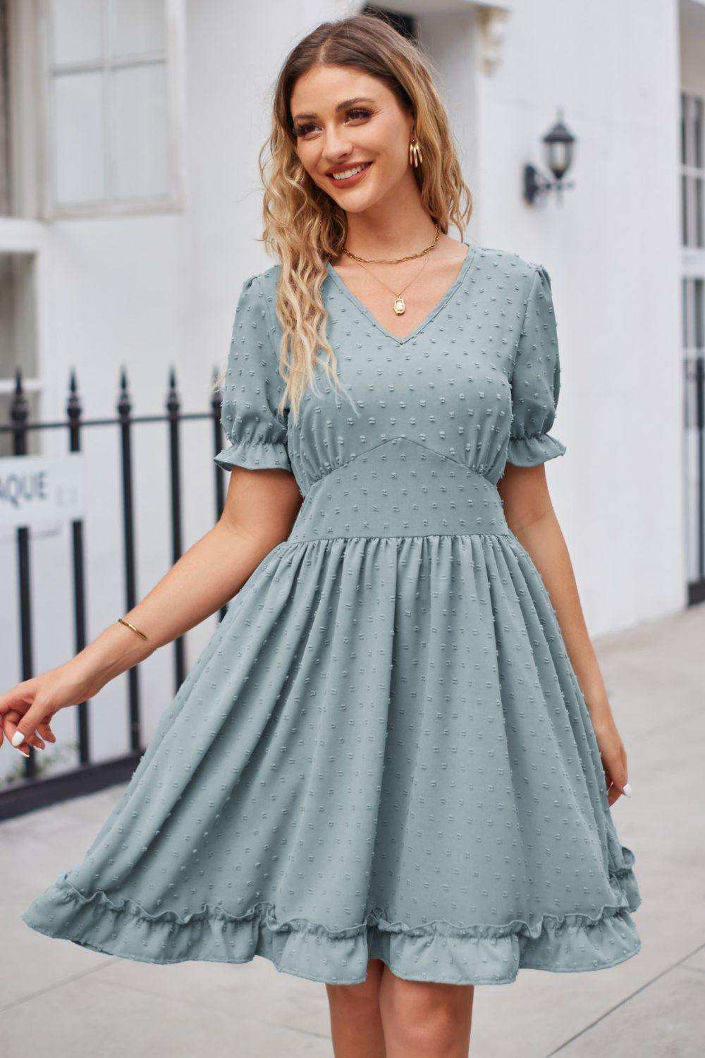 Swiss Dot Frill Trim Flounce Sleeve V-Neck Dress - Trendsi - Flyclothing LLC