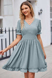 Swiss Dot Frill Trim Flounce Sleeve V-Neck Dress - Trendsi - Flyclothing LLC