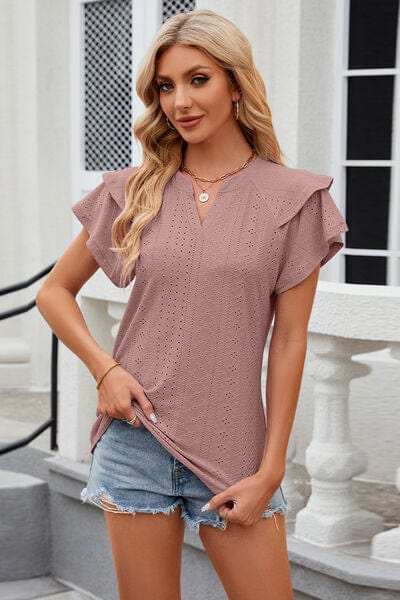 Eyelet Notched Short Sleeve T-Shirt - Trendsi - Flyclothing LLC