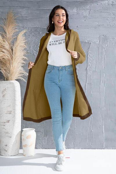 Button Up Contrast Trim Hooded Cardigan - Trendsi