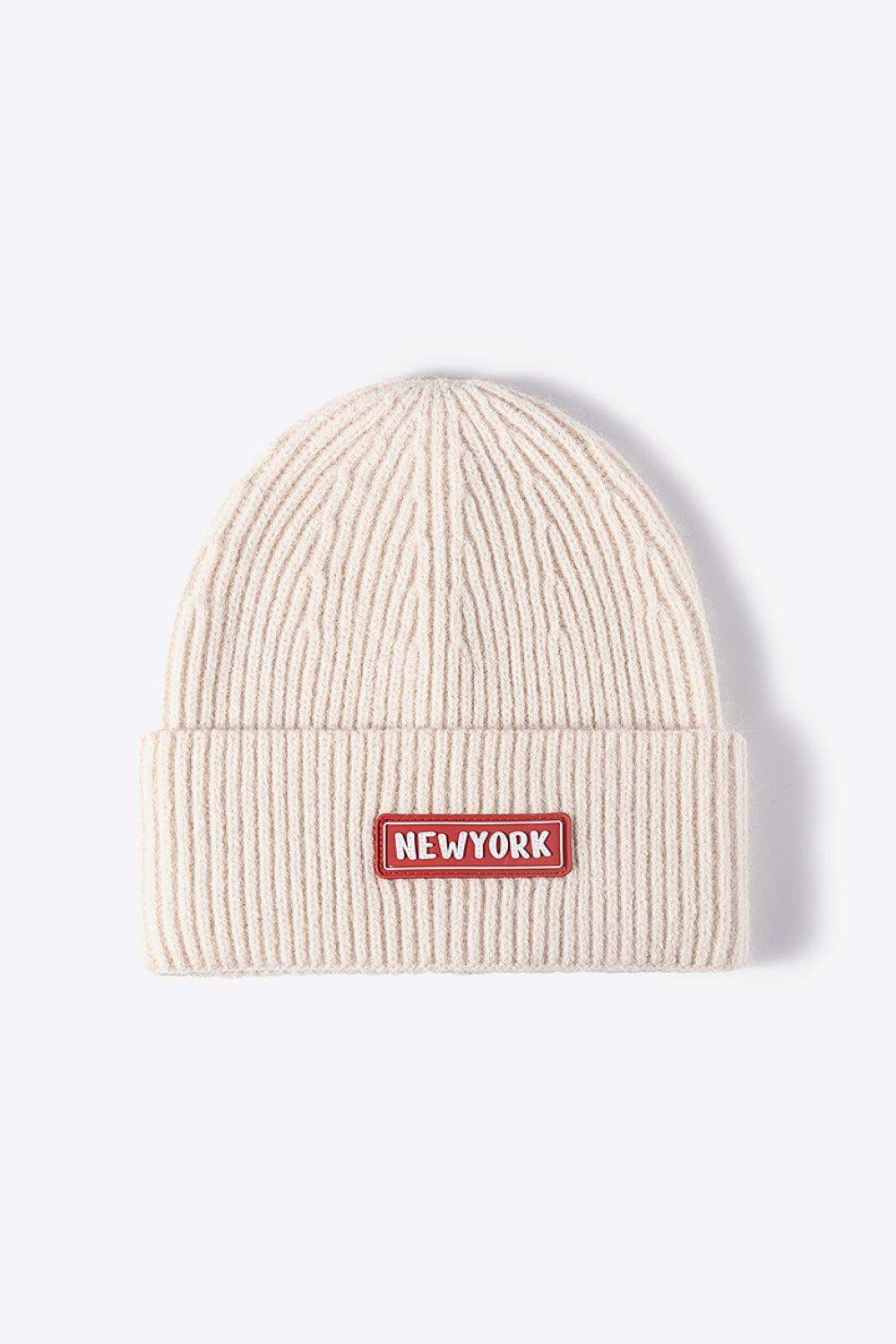 NEWYORK Patch Rib-Knit Cuffed Beanie - Trendsi - Flyclothing LLC