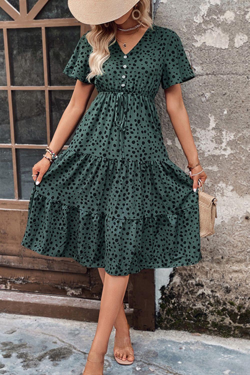 Printed Buttoned V-Neck Flutter Sleeve Dress - Trendsi