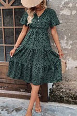 Printed Buttoned V-Neck Flutter Sleeve Dress - Trendsi - Flyclothing LLC