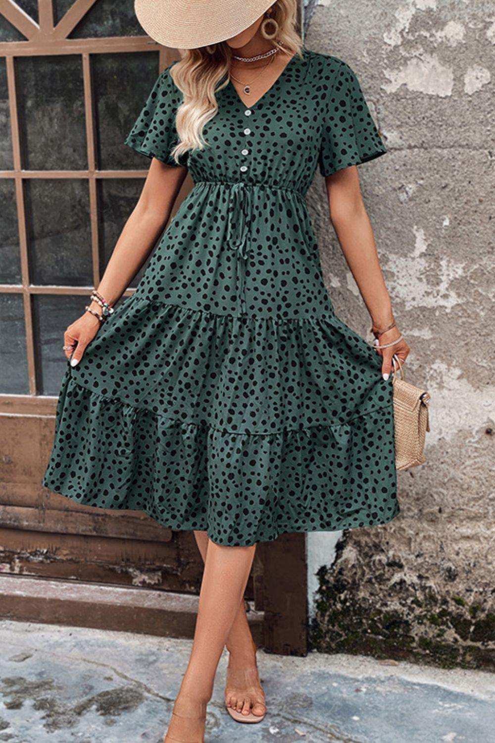 Printed Buttoned V-Neck Flutter Sleeve Dress - Trendsi - Flyclothing LLC