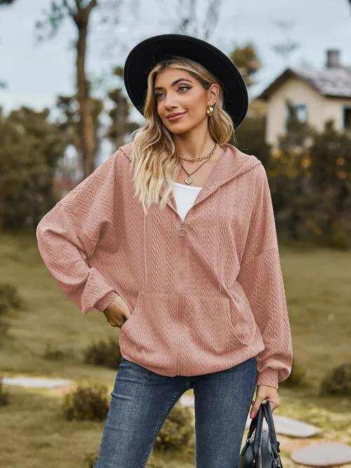 Zip Up Drawstring Long Sleeve Hooded Jacket - Trendsi - Flyclothing LLC