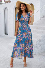 Smocked Floral V-Neck Short Sleeve Dress - Trendsi - Flyclothing LLC