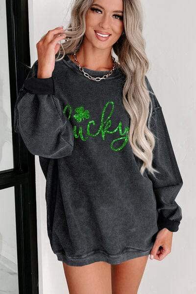 LUCKY Round Neck Dropped Shoulder Sweatshirt - Trendsi - Flyclothing LLC