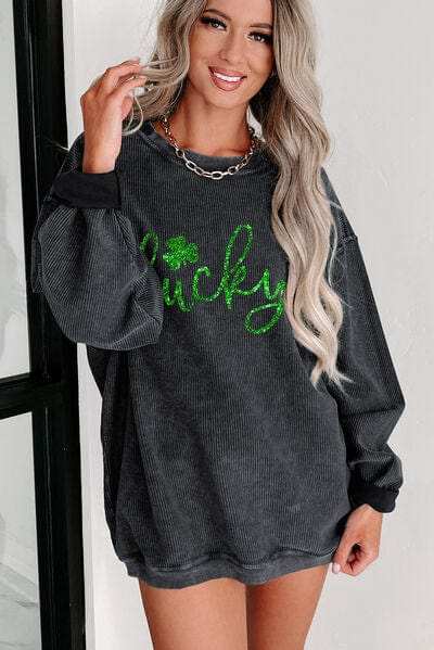 LUCKY Round Neck Dropped Shoulder Sweatshirt - Trendsi - Flyclothing LLC