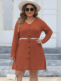 Plus Size Ribbed Buttoned V-Neck Long Sleeve Dress - Trendsi - Flyclothing LLC