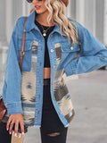 Geometric Raw Hem Button Up Denim Jacket - Trendsi