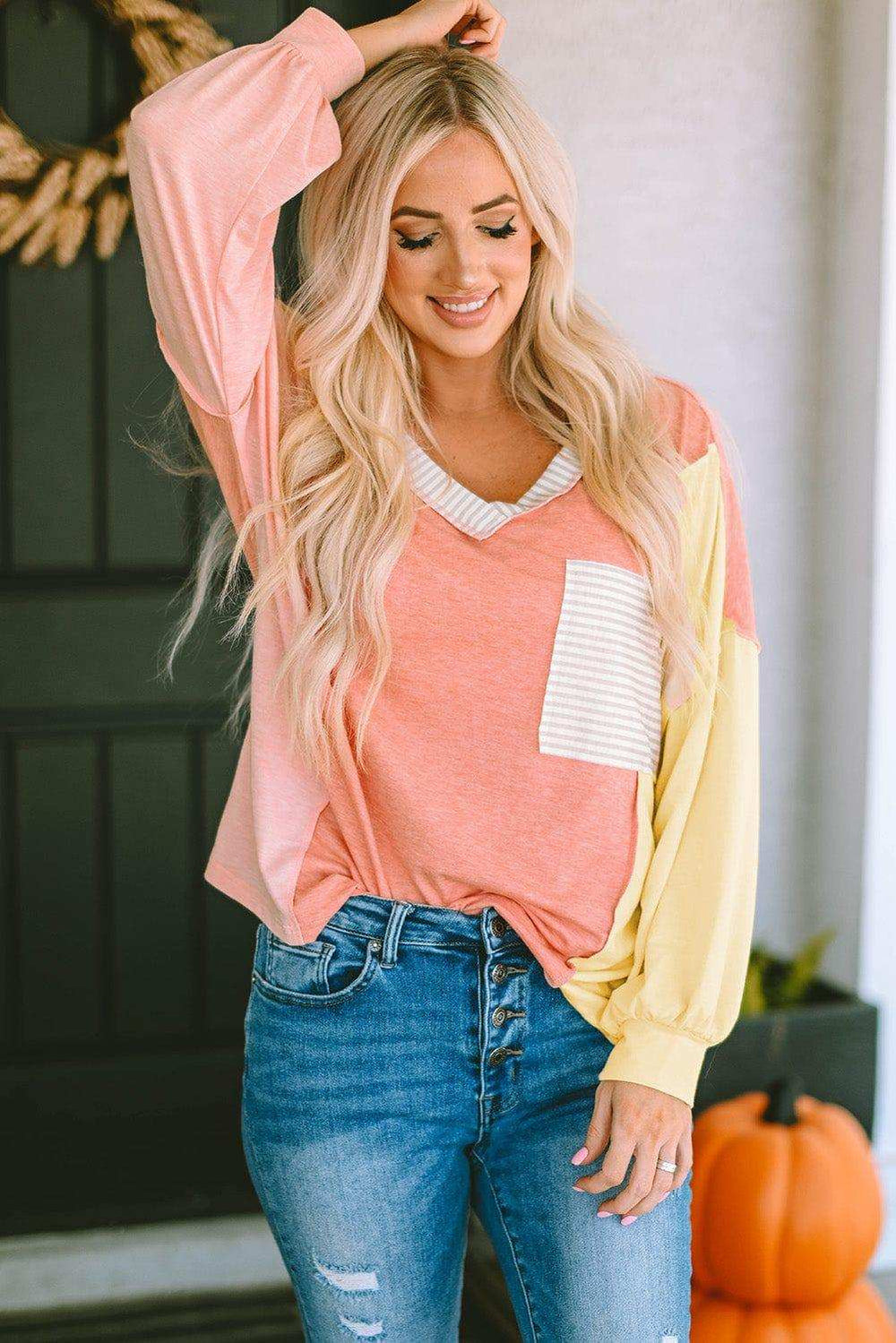 Color Block V-Neck Dropped Shoulder Sweatshirt with Pocket - Trendsi - Flyclothing LLC