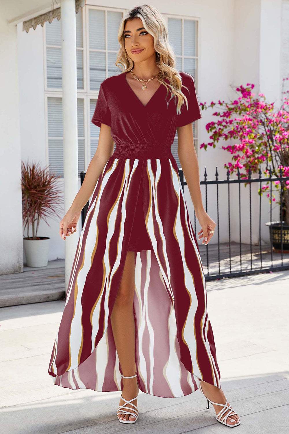 Smocked High-Low Printed Surplice Dress - Trendsi - Flyclothing LLC