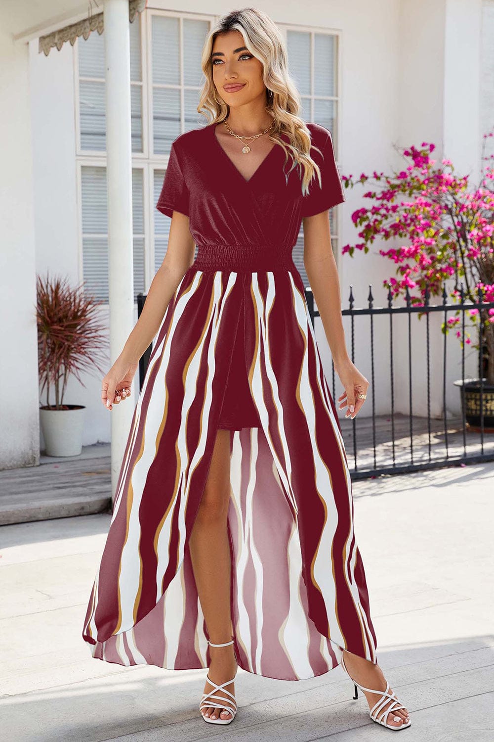 Smocked High-Low Printed Surplice Dress - Trendsi