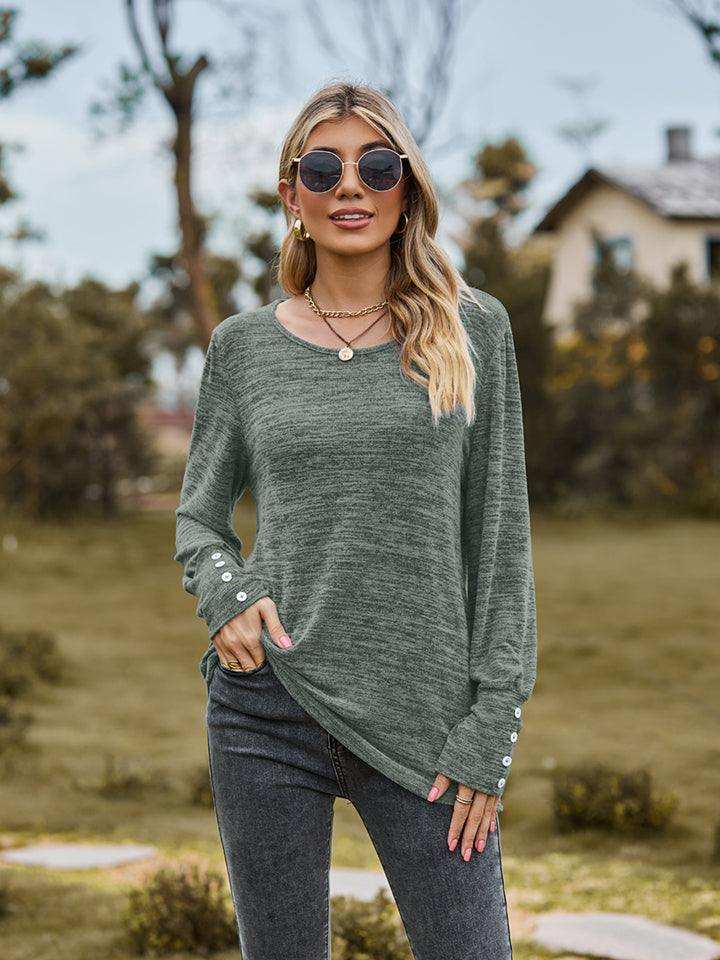 Round Neck Long Sleeve Buttoned T-Shirt - Trendsi - Flyclothing LLC