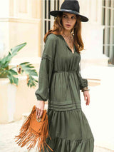 Tie Neck Long Sleeve Midi Tiered Dress - Trendsi - Flyclothing LLC
