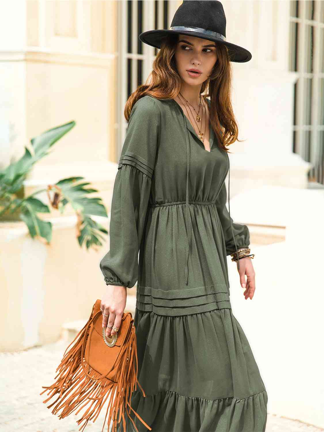 Tie Neck Long Sleeve Midi Tiered Dress - Trendsi - Flyclothing LLC