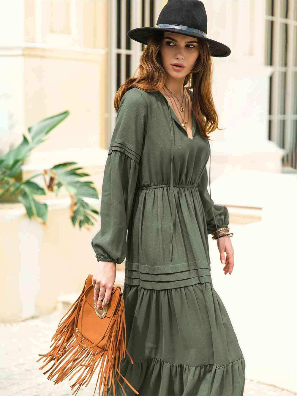 Tie Neck Long Sleeve Midi Tiered Dress - Trendsi - Flyclothing LLC
