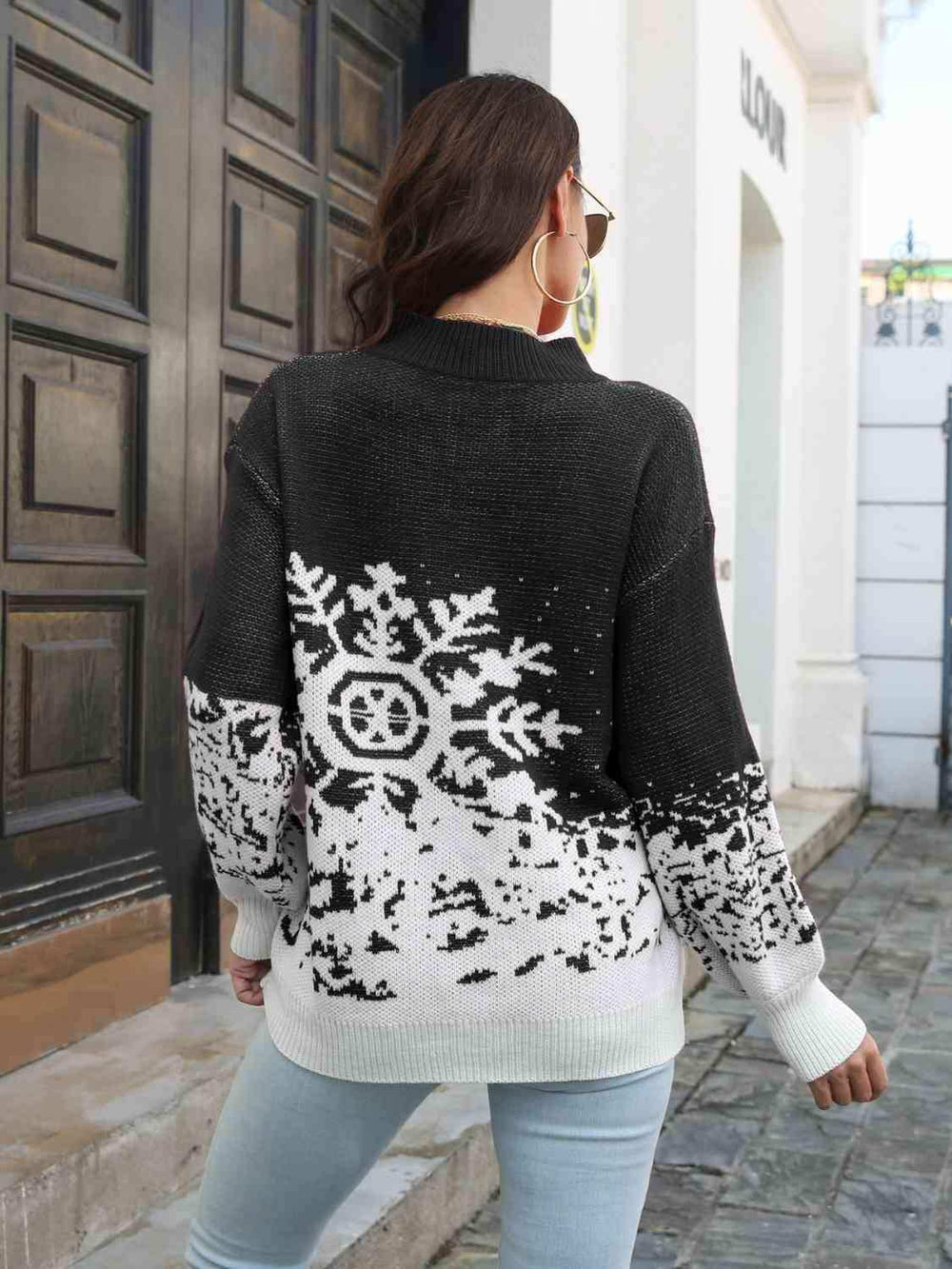 Snowflake Pattern Mock Neck Sweater - Trendsi - Flyclothing LLC