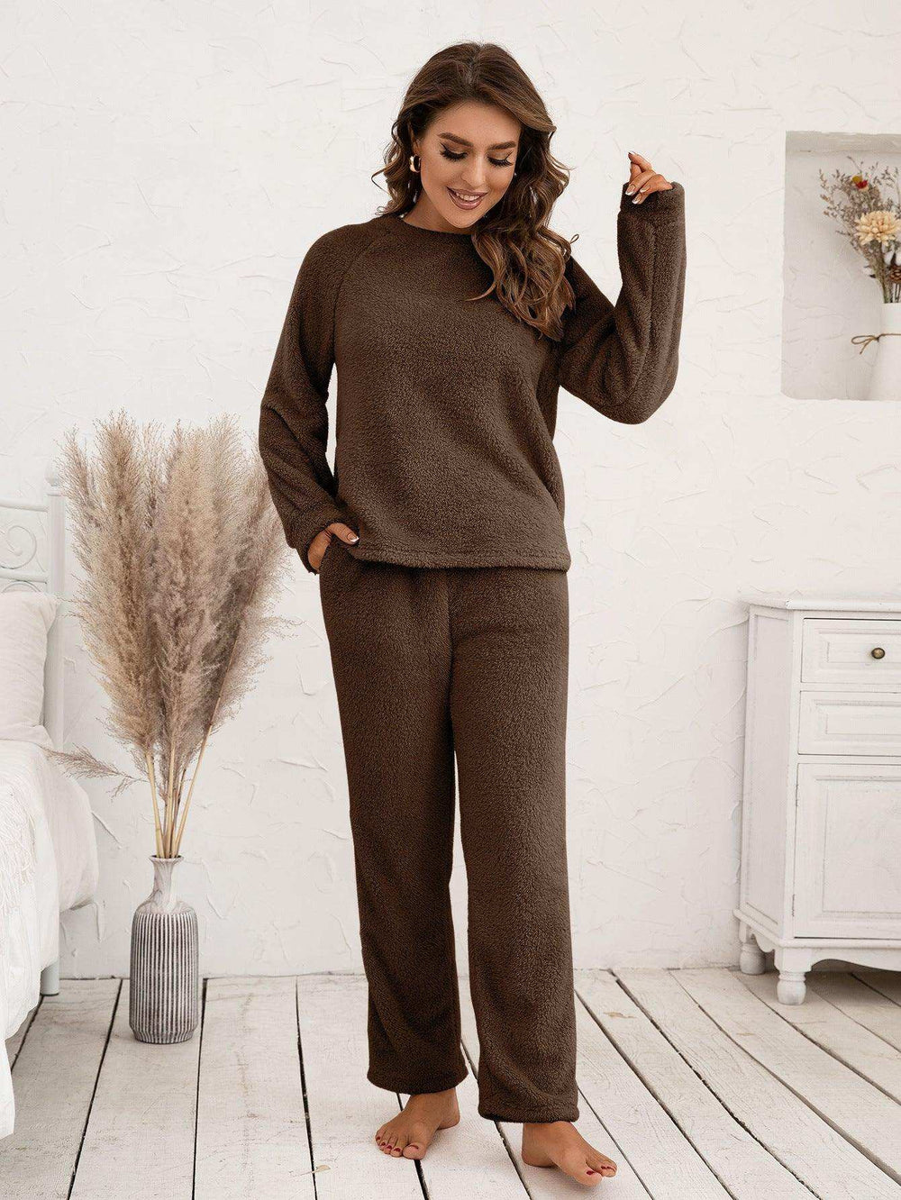 Teddy Long Sleeve Top and Pants Lounge Set - Trendsi - Flyclothing LLC