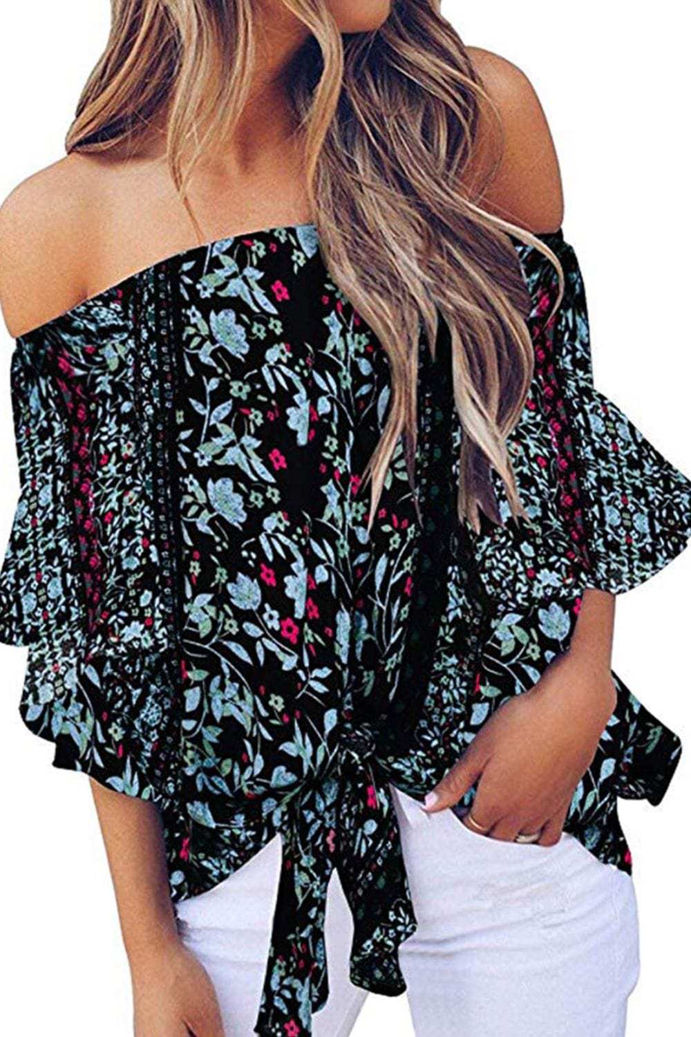 Tied Printed Off-Shoulder Half Sleeve Blouse - Trendsi - Flyclothing LLC