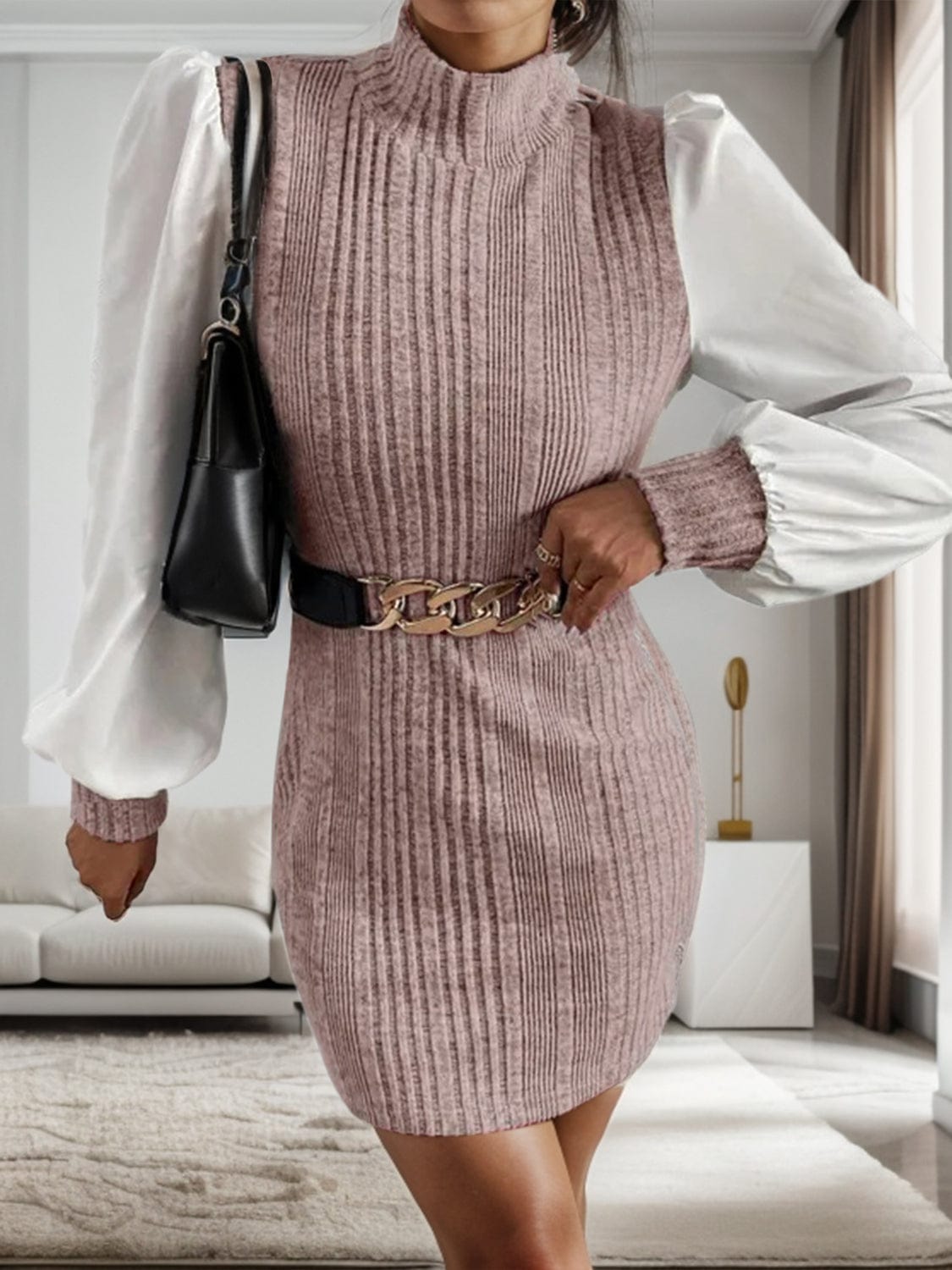 Ribbed Contrast Long Sleeve Sweater Dress - Trendsi
