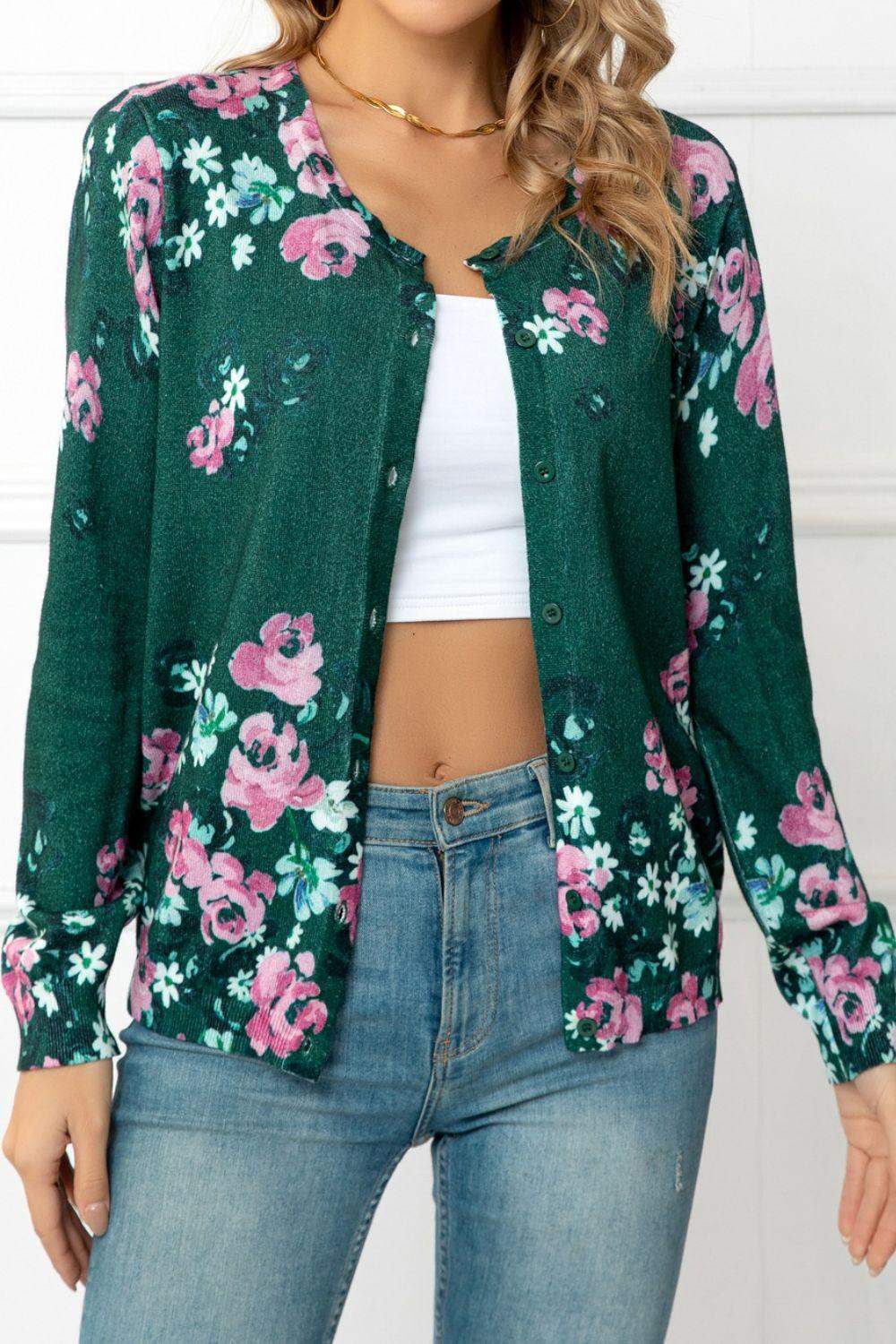 Floral Button Front Round Neck Cardigan - Trendsi - Flyclothing LLC