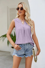 Notched Neck Curved Hem Eyelet Tank - Trendsi - Flyclothing LLC
