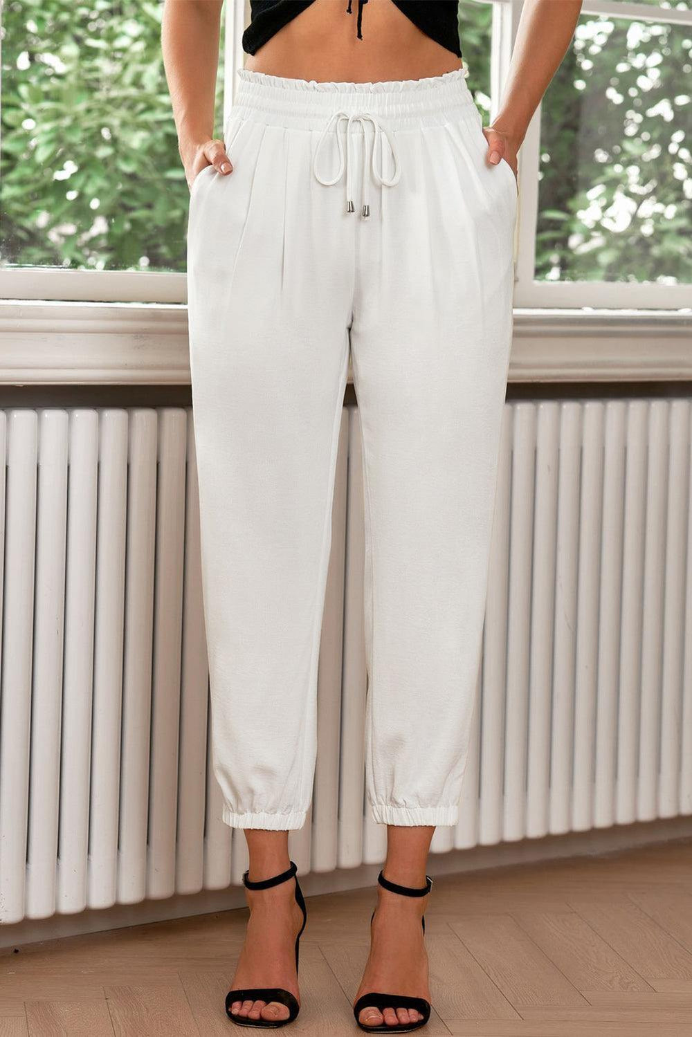 Drawstring Paperbag Waist Cropped Joggers - Trendsi