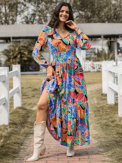 Printed Smocked Tie Neck Balloon Sleeve Maxi Dress - Trendsi - Flyclothing LLC