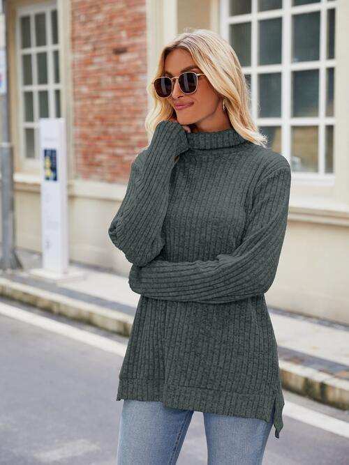 Ribbed Turtleneck Long Sleeve Slit Knit Top - Trendsi - Flyclothing LLC