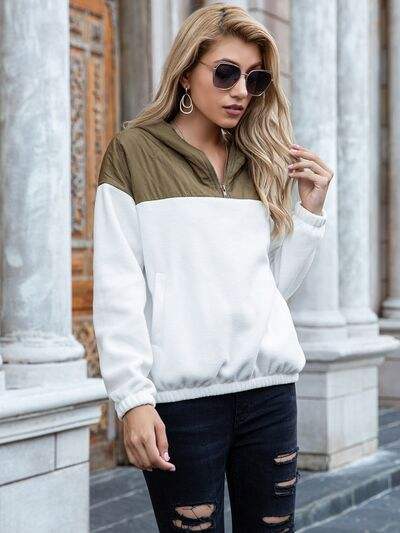 Pocketed Color Block Quarter Zip Hoodie - Trendsi - Flyclothing LLC