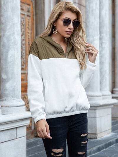 Pocketed Color Block Quarter Zip Hoodie - Trendsi - Flyclothing LLC