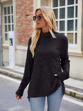 Ribbed Turtleneck Long Sleeve Slit Knit Top - Trendsi - Flyclothing LLC