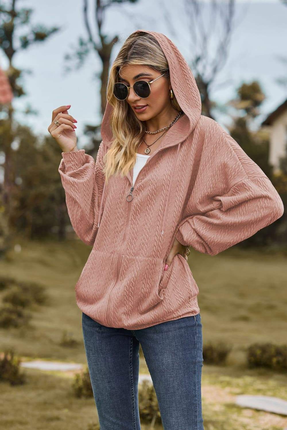 Cable-Knit Long Sleeve Hooded Jacket - Trendsi - Flyclothing LLC