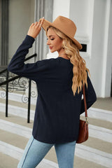 Decorative Button V-Neck Long Sleeve T-Shirt - Trendsi