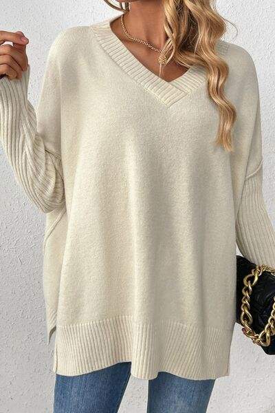 Slit V-Neck Dropped Shoulder Sweater - Trendsi - Flyclothing LLC
