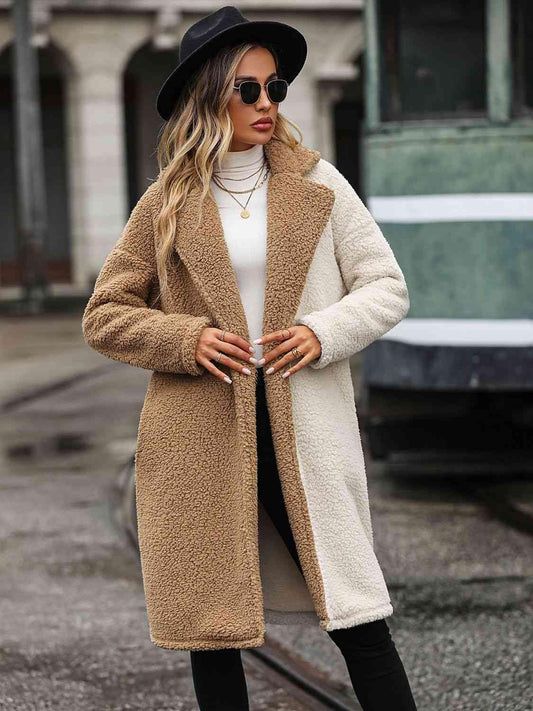 Contrast Dropped Shoulder Sherpa Coat - Trendsi