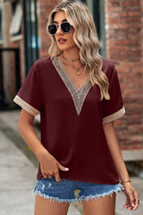 Openwork V-Neck Short Sleeve T-Shirt - Trendsi - Flyclothing LLC
