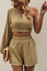 One-Shoulder Balloon Sleeve Crop Top and Shorts Set - Trendsi