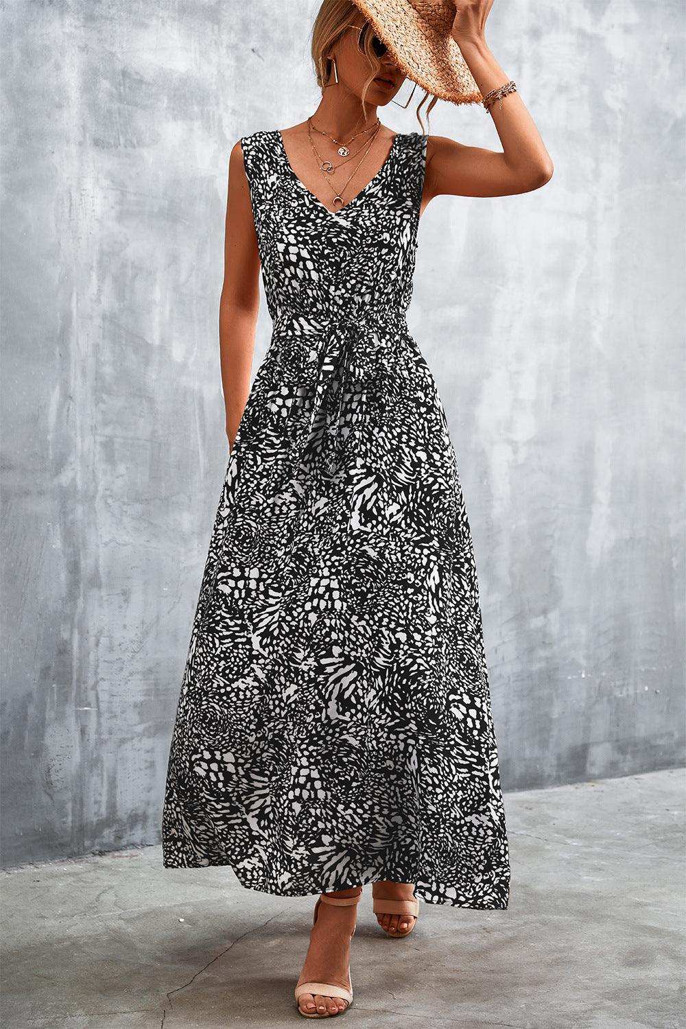Printed V-Neck Tie Waist Maxi Dress - Trendsi - Flyclothing LLC