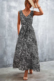 Printed V-Neck Tie Waist Maxi Dress - Trendsi - Flyclothing LLC