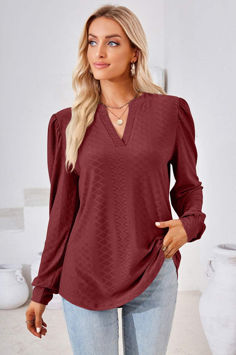 Notched Long Sleeve T-Shirt - Trendsi - Flyclothing LLC