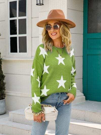 Star Round Neck Dropped Shoulder Sweater - Trendsi - Flyclothing LLC