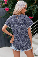 Printed Pom Pom Detail Petal Sleeve Blouse - Trendsi - Flyclothing LLC