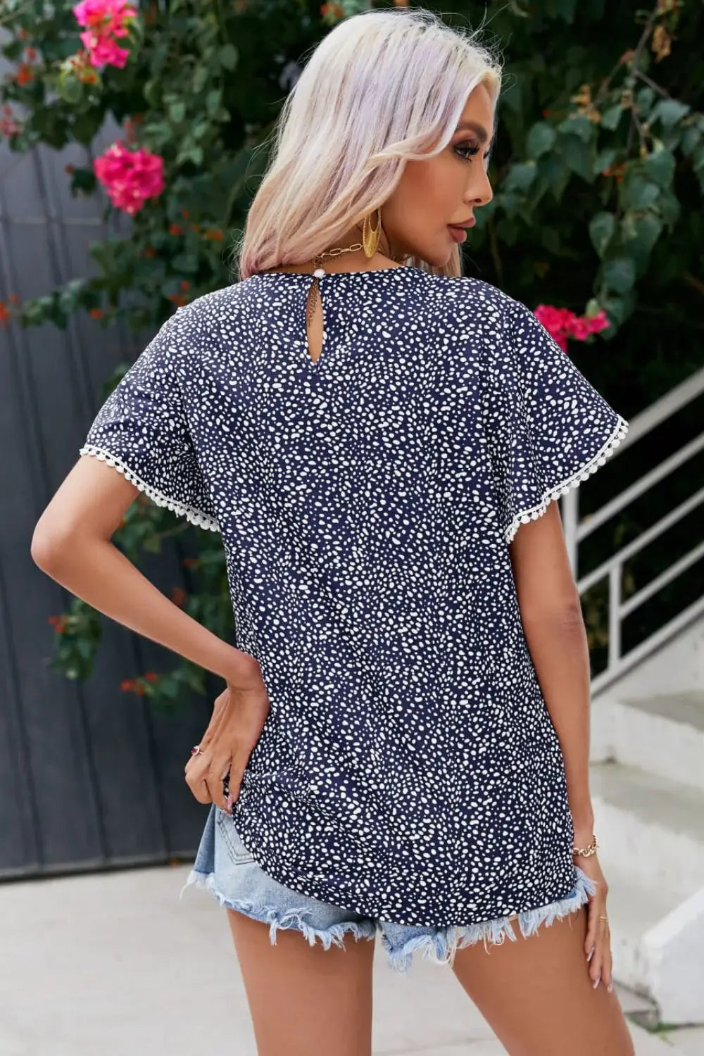 Printed Pom Pom Detail Petal Sleeve Blouse - Trendsi - Flyclothing LLC